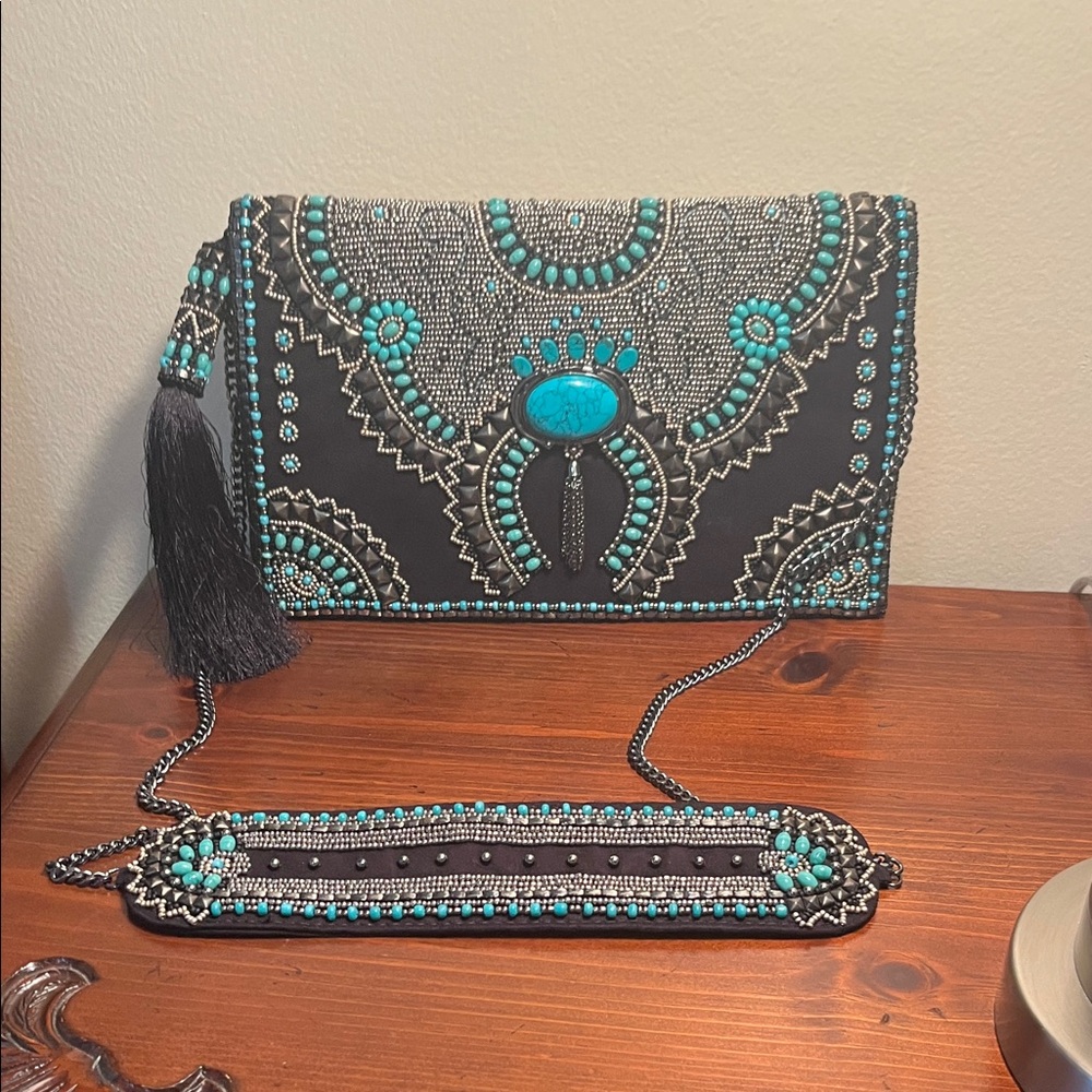 Mary Frances Black and Turquoise Beaded Clutch